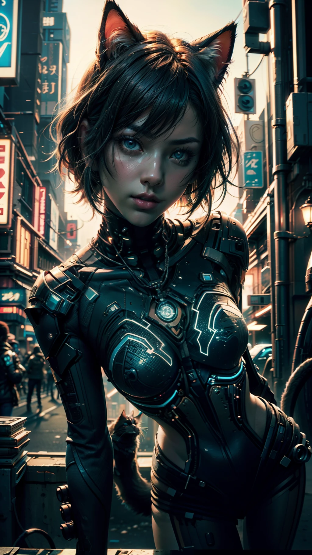 Top Quality, Masterpiece, Ultra High Resolution, ((Photorealistic: 1.4), Raw Photo, 1 cyberpunk Girl, Glossy Skin, 1 Mechanical Girl, (Ultra Realistic Detailechanical limbs, tubes connected to the mechanical parts, mechanical vertebrae attached to the spine, mechanical cervical attachment to the neck, wires and cables connecting to the head, Evangelion, Ghost in the Shell, small glowing LED lamps, global lighting, deep shadows, Octane Rendering, 8K, bloom effect, Ultra Sharp, Metal, Intricate Ornament Details, baroque details, Very intricate details, realistic light, CGSoation trend, facing the camera, neon details, (android manufactory in background), art by H.R. Giger and Alphonse Mucha.