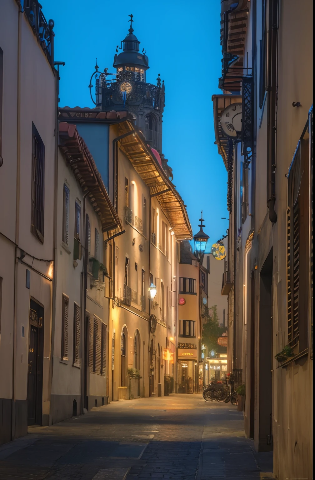 a road in the city center at evening with lights, steampunk and neons everywhere, photograpy hyperrealism