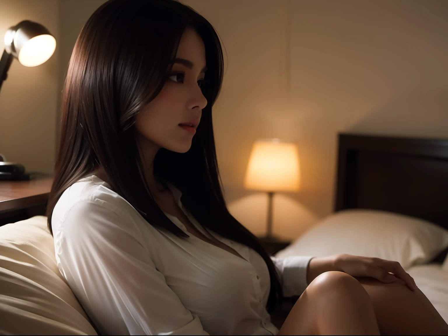 hightquality、a picture、realisticlying、daily、Advanced depth of field、Longhaire、a secretary、Sitting by the bedside、Dimly lit bedroom、Black button shirt and miniskirt、large full breasts、see -through、Infidelity scene、mid night、Open legs、Close-up、