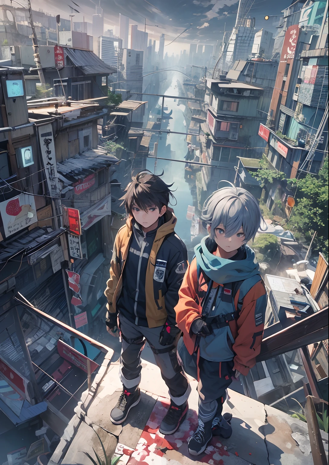 2boys,a 13 yo boy、twins,Cyberpunk Boy、katanas,machine gun、silber hair、poneyTail、Whole body bloody、Overhead view of the composition、The beginning of the adventure、Into the cloud、Chaotic city of the future、ruined and devastated city、Very complex Japan buildings、Warm lighting、puddles、Chaotic landscape、Beautiful and fantastic scenery、Cinematic scenery、hightquality、masutepiece,8K、hight resolution、ultra-detailliert,