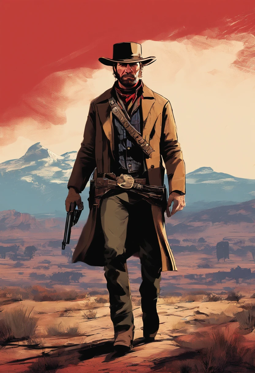 Red dead redemption 2 illustration style,Sheriff curtis Malloy,Wear a Nevada hat,khaki color coat,Blue vest and white shirt