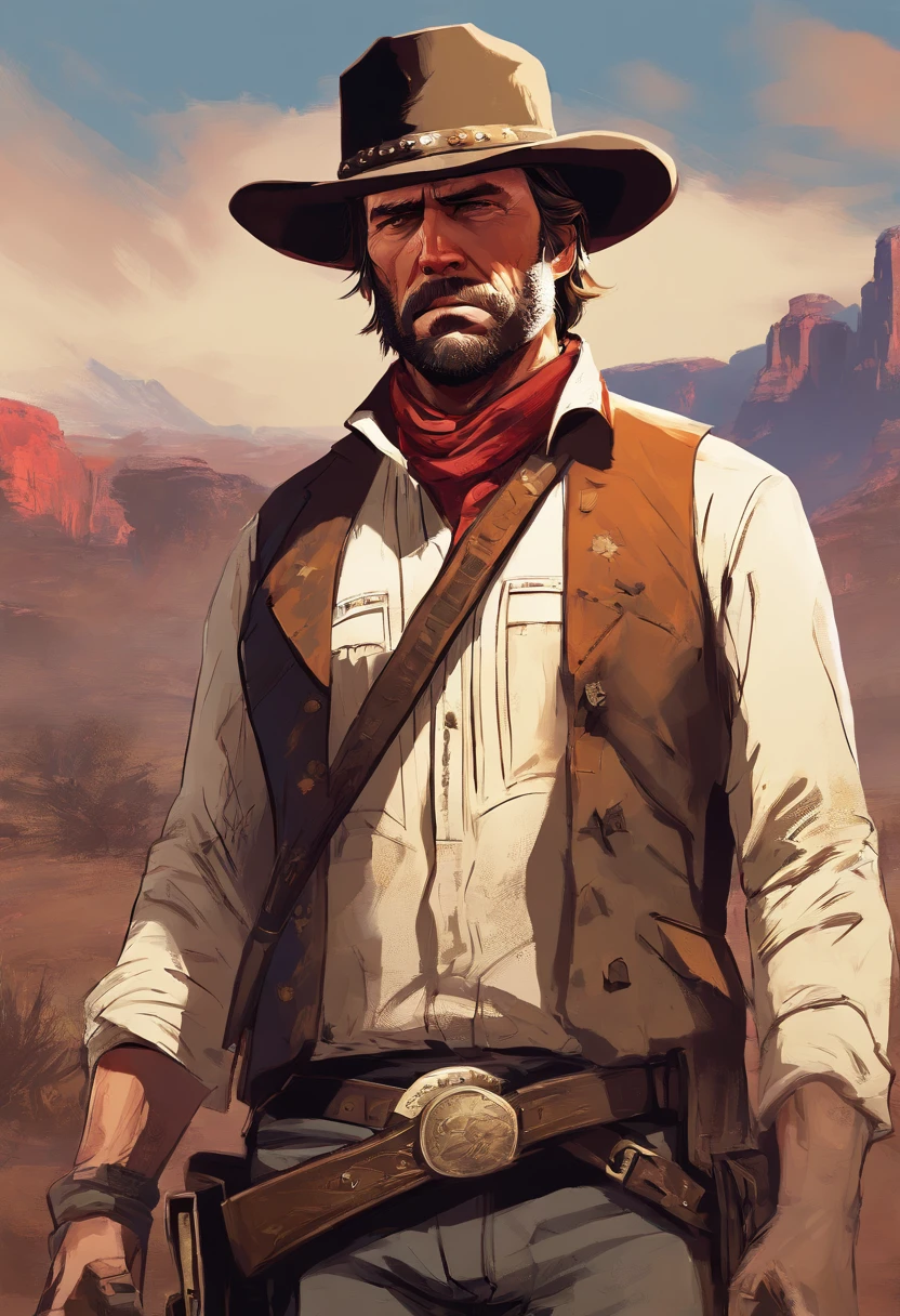 Red dead redemption 2 illustration style,Sheriff curtis Malloy,Wear a Nevada hat,khaki color coat,Blue vest and white shirt