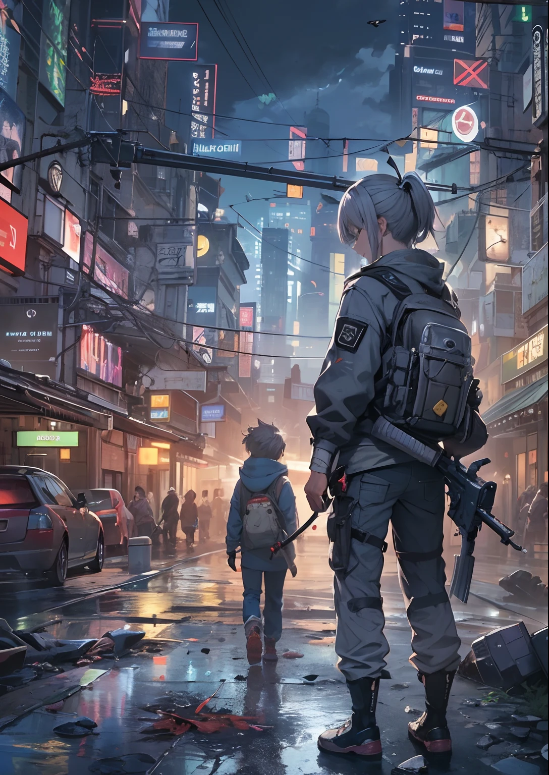 2boys,a  boy、twins,Cyberpunk Boy、katanas,machine gun、silber hair、poneyTail、Whole body bloody、Overhead view of the composition、The beginning of the adventure、Into the cloud、Chaotic city of the future、ruined and devastated city、Very complex Japan buildings、Warm lighting、puddles、Chaotic landscape、Beautiful and fantastic scenery、Cinematic scenery、hightquality、masutepiece,8K、hight resolution、ultra-detailliert,