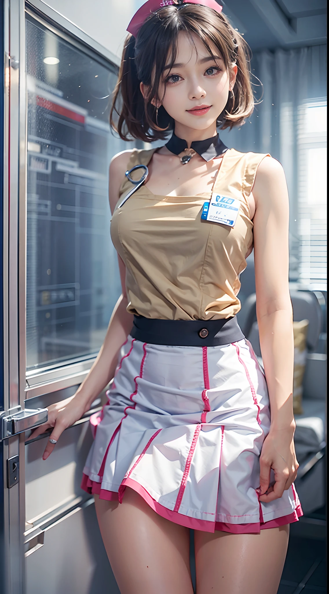 NSFW, 1womanl, (Well-formed face), (Ideal ratio body proportions), Hospital Room, Sunnyday, (Nurse clothes in miniskirts), (skirt rift), ((lift skirt myself)), (Show off your panties to the camera), long , Wet, Smiling smile, de pele branca, A slender, Dark hair, short-hair, Skinny Legs, beauty legs, Small buttocks, surrealism, Cinematic lighting, depth of fields, One-person viewpoint, F/1.8, 135 mm, canon, nffsw, masutepiece, ccurate, Anatomically correct, Textured skin, Super Detail, high details, High quality, awardwinning, Best Quality, hight resolution, 1080p, 4K, 8K