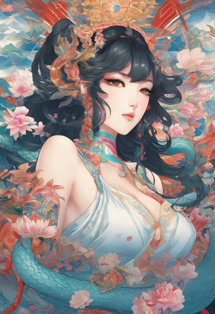 Chinese elements,Nu wa, Snake God, Snake eyes, snake tongue, intricate face details,milk,Bubble,transgender,Comic book page style with white margins, pictogram, vibrant, Colorful, Official Digital Art, 16k, Intricate details, big breasts enchanting, Professional manufacturing, Beautiful vector illustration, 12k resolution,。.。.3D, All characters in detailed full body, High details,Ultra high quality, hyper photorealism, Photorealism, Octane rendering 3