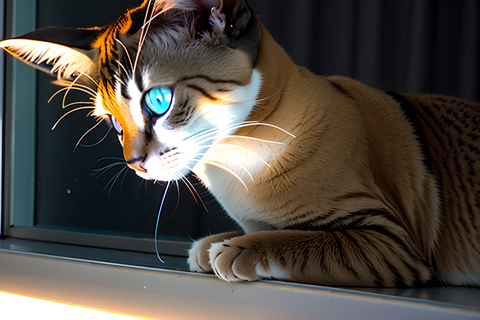 There's a cat that's sitting on a windowsill, bela imagem de vira-lata, aesthetic siamese cat, she is looking at us, in the nighttime, senta-se em um telhado, estrelas em seus olhos de olhar, foto de um gato, noite!, com olhos brilhantes, Tem um olhar penetrante, at night time, olhos muito brilhantes, com enormes olhos luminosos e curiosos