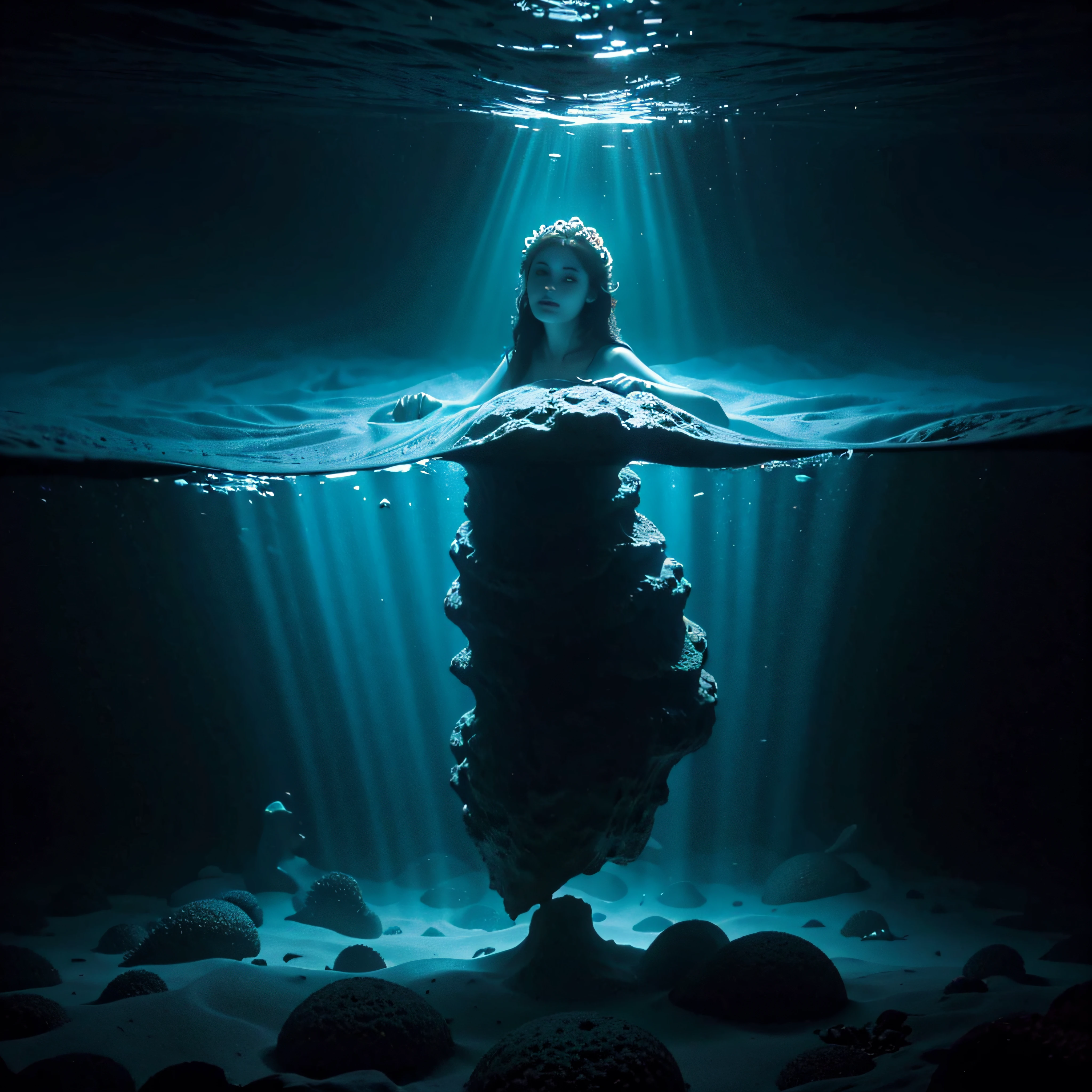 (extremadamente detallado, obra maestra, La mejor calidad, Under the Ocean), Estilo oscuro, volumetric illumination. textura de babosa, piel de caracol. manchas de tinta. Rococo composition.