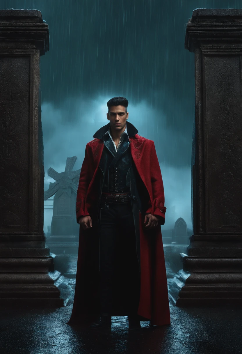 David Martinez, do universo de Cyberpunk Edgerunners, vestindo um terno elegante. He's standing in front of Manie's tombstone., seu antigo chefe e amigo. on the tombstone, Manie's name is engraved. The scenery is a rainy day, and the atmosphere is melancholy
