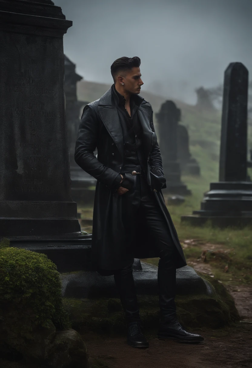David Martinez, do universo de Cyberpunk Edgerunners, vestindo um terno elegante. He's standing in front of Manie's tombstone., seu antigo chefe e amigo. on the tombstone, Manie's name is engraved. The scenery is a rainy day, and the atmosphere is melancholy