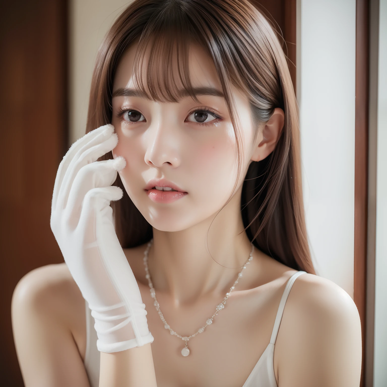 Random Posture,1girl,Seduction,Beautiful,Lips,Realistic,Photo_\(Medium\),Alone,(Masterpiece),(Realistic:1.3),Ultra Detail,(High Definition Skin:1.2),(Best Quality:1.0), (Ultra Hi-Res:1.0), (ULZZANG-6500:0.3), Beautiful Clear Eyes, Delicate Necklace,Sunshine, (Delicate makeup is beautiful), (Sexually aroused blush Heavy breathing:1.0) , (Soft Glove Room: 0.5), Mix 4