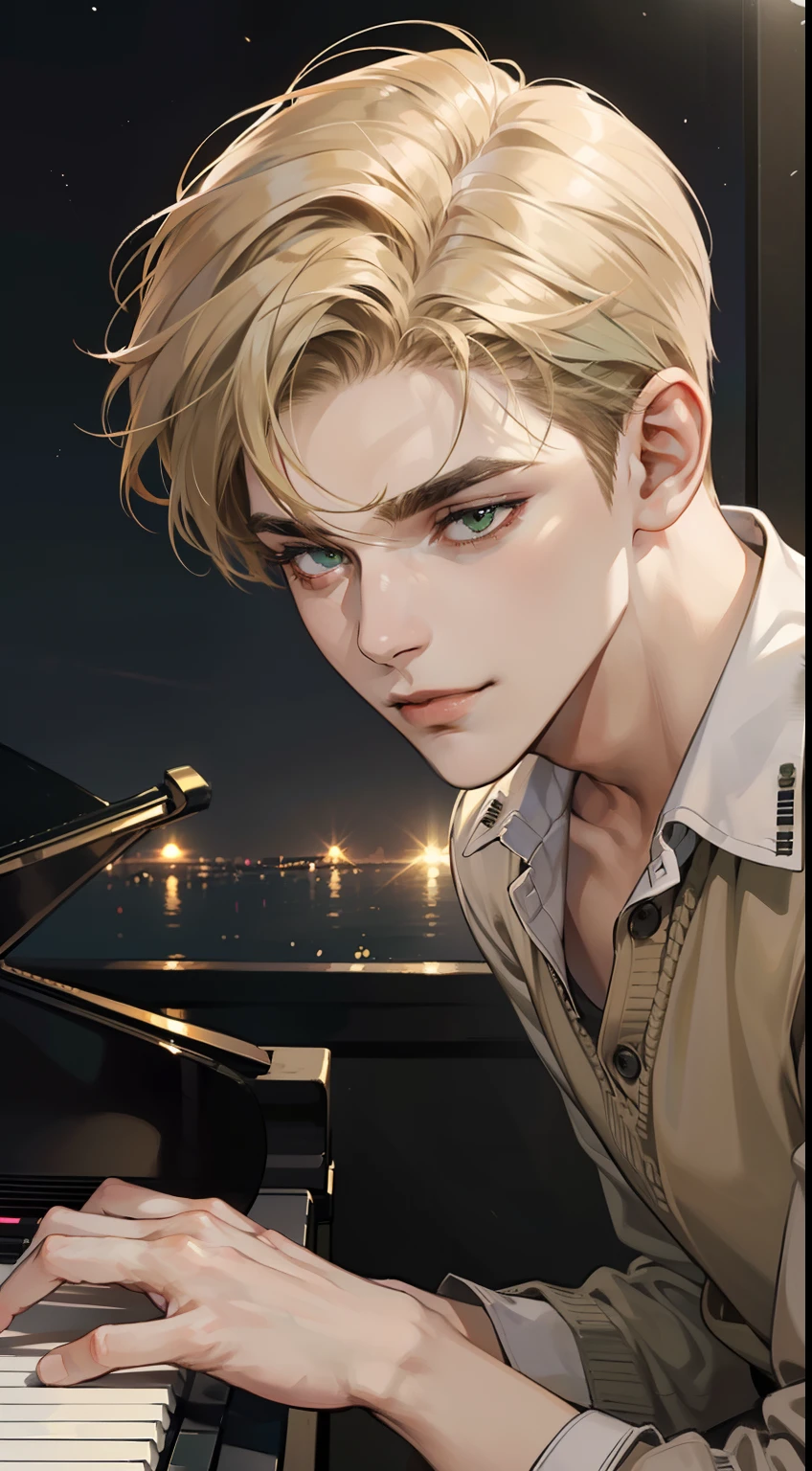 masterpiece, best quality, realistic, 1man, mature male, quiet and charming young man, 18 years old, close his eyes, smirk, closed mouth, extremely detailed face, a little distant, ((dark green eyes)), ((short-side-swept sandy blonde hair)), [thick eyebrows], playing piano, 4K, cool light setting, (in the night)