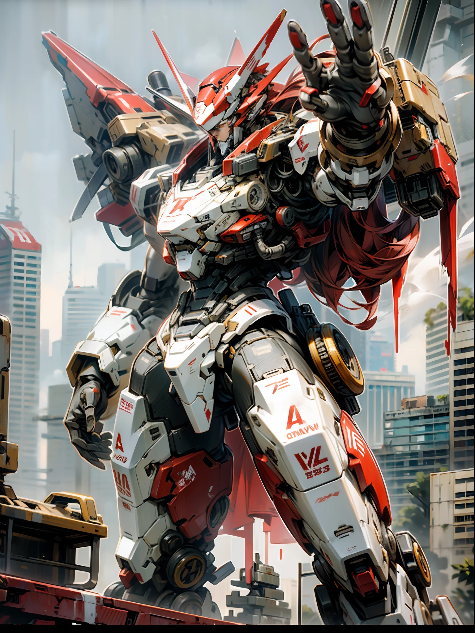 red and white mecha, injured, fighting, thin body, minute detail, war, destruction city, ultra detail, vivid detail, absurdres, best quality,
