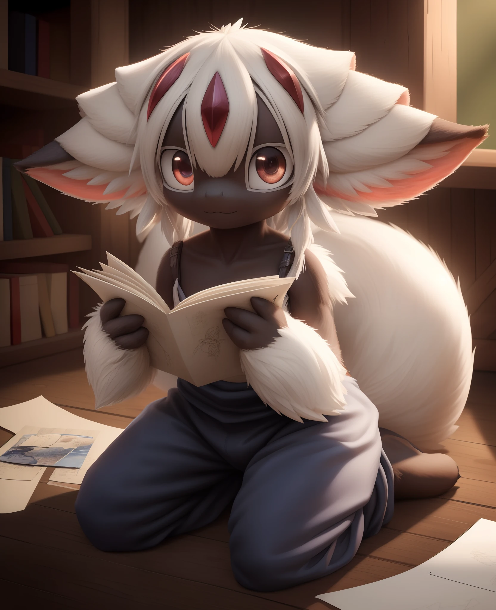(photorealistic:1.4), (best quality:1.0), (ultra highres:1.0), 8k, spiderwickwikia, paper, drawing of faputa \(made in abyss\), cute face, fluffy, furry body, covered in furr, baggy pants, faputa