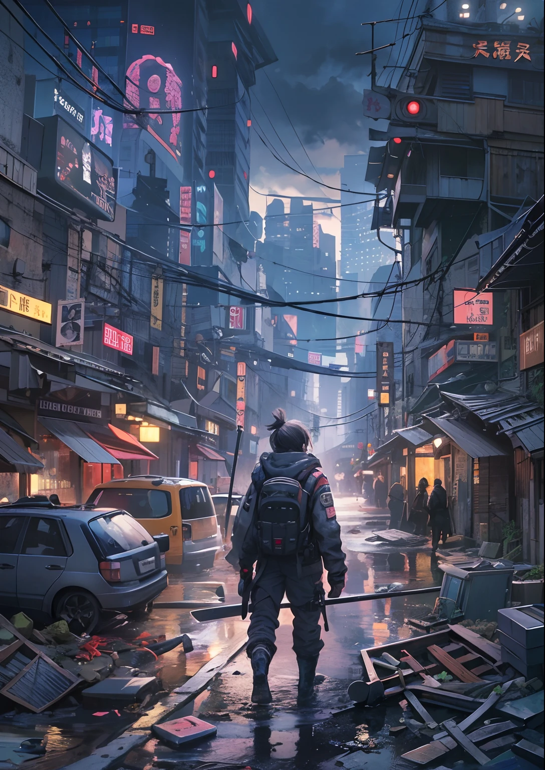 2boys,a 13 yo boy、twins,Cyberpunk Boy、katanas,machine gun、silber hair、poneyTail、Whole body bloody、Overhead view of the composition、The beginning of the adventure、Into the cloud、Chaotic city of the future、ruined and devastated city、Very complex Japan buildings、Warm lighting、puddles、Chaotic landscape、Beautiful and fantastic scenery、Cinematic scenery、hightquality、masutepiece,8K、hight resolution、ultra-detailliert,