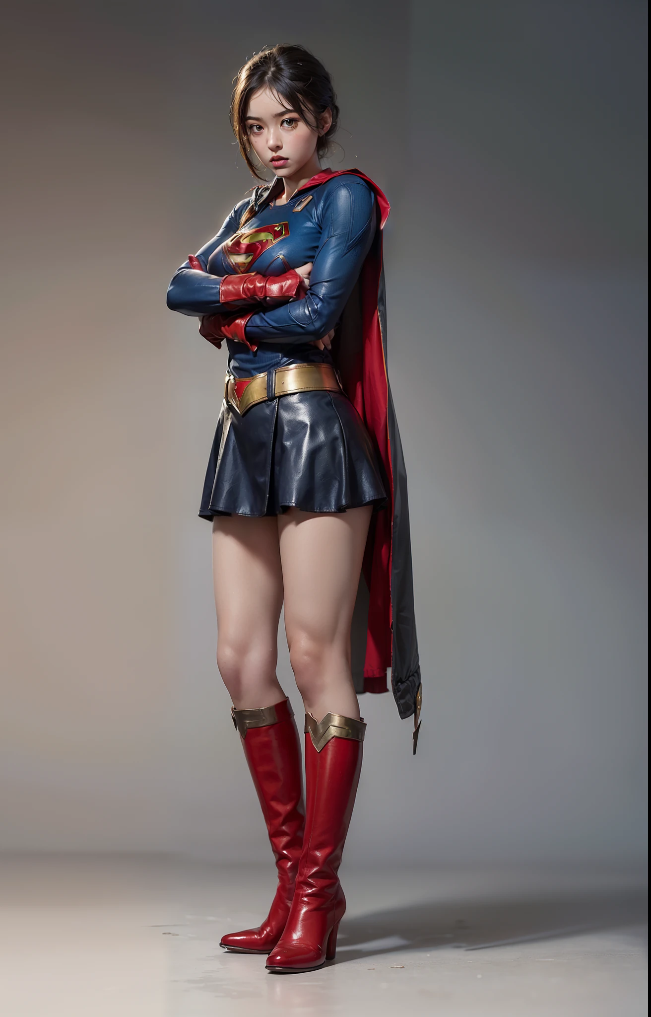 (((Make the most of the original image)))、(((Supergirl Costume)))、(((lustrous dark hair)))、(((Suffering)))、(((Feet must necessarily be worn with black tights)))、(((You need to wear red boots)))、((Top image quality、8K))、((top-quality、8K、​masterpiece:1.3))、Crisp focus:1.2、Beautiful woman with perfect body shape:1.4、Slender Abs:1.2、((layers-Cut、large boob:1.2))、a wet body:1.5、Highly detailed facial and skin texture、
