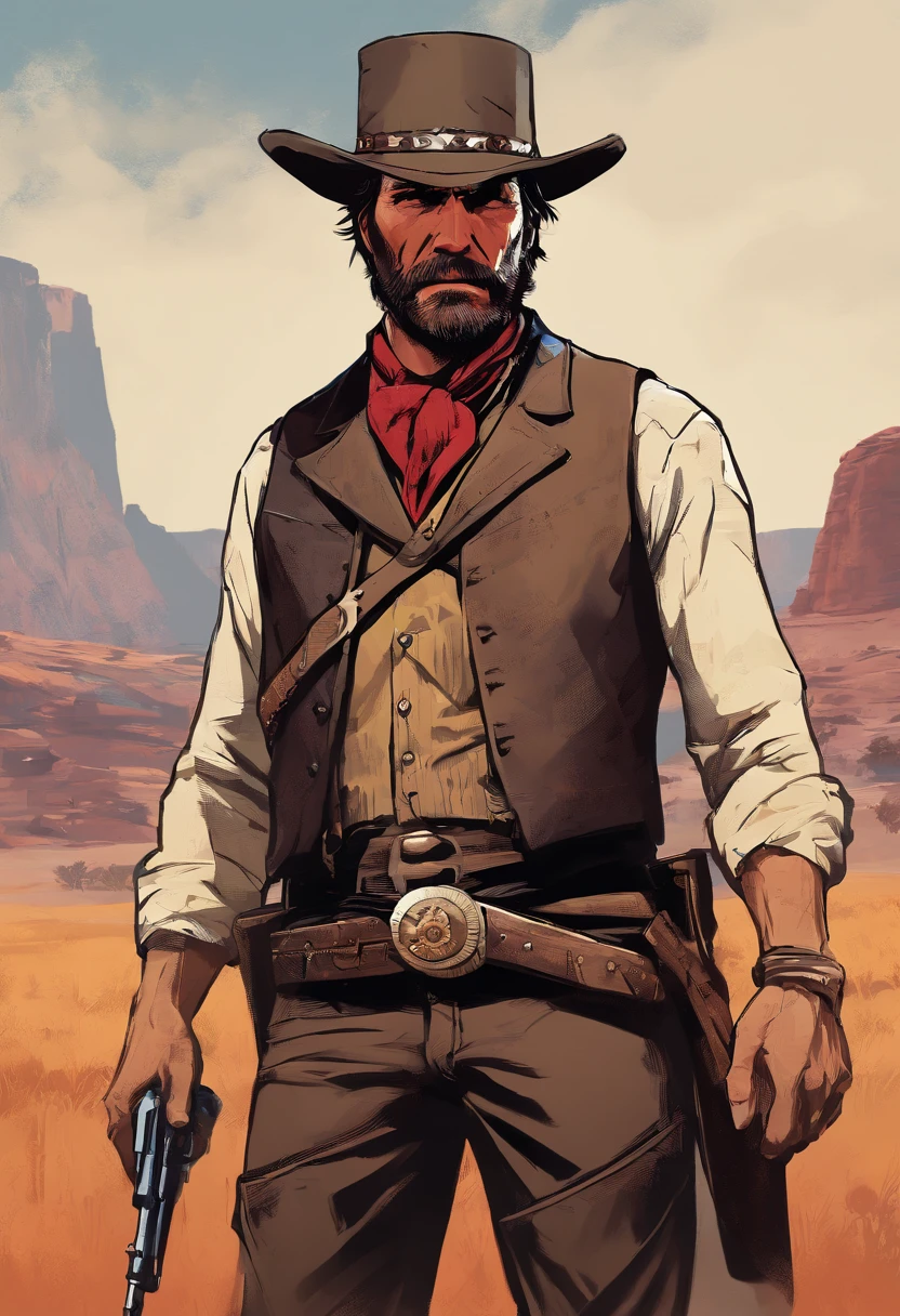 Red Dead Redemption 2 illustration style,Sheriff Curtis Malloy,Wear a Nevada hat,Khaki coat,Blue vest and white shirt,There is a mustache