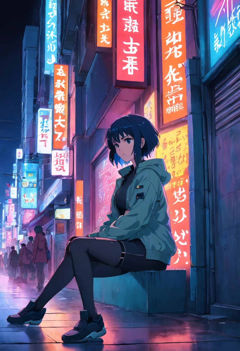 Kusanagi, ghost in the shell sitting on edge of building backdrop neon signs high quality
