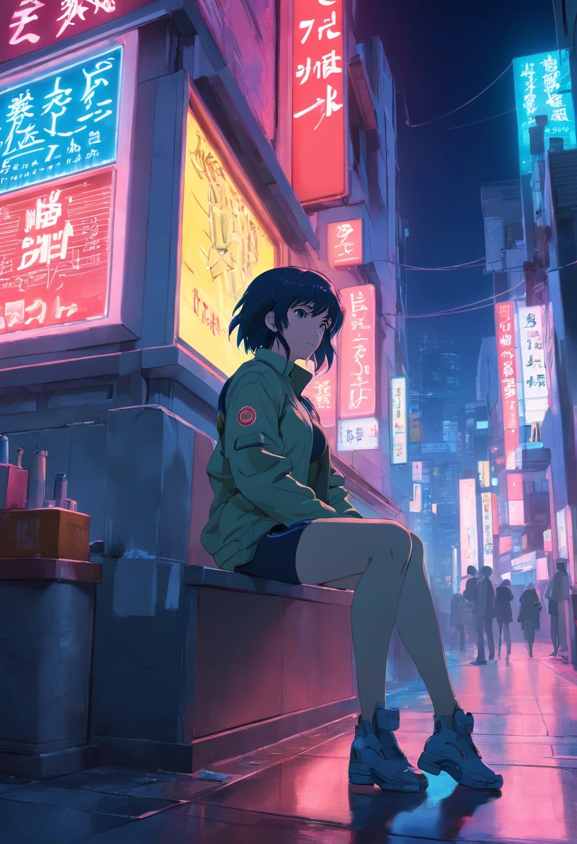 A woman sitting on a bench in a city at night - SeaArt AI