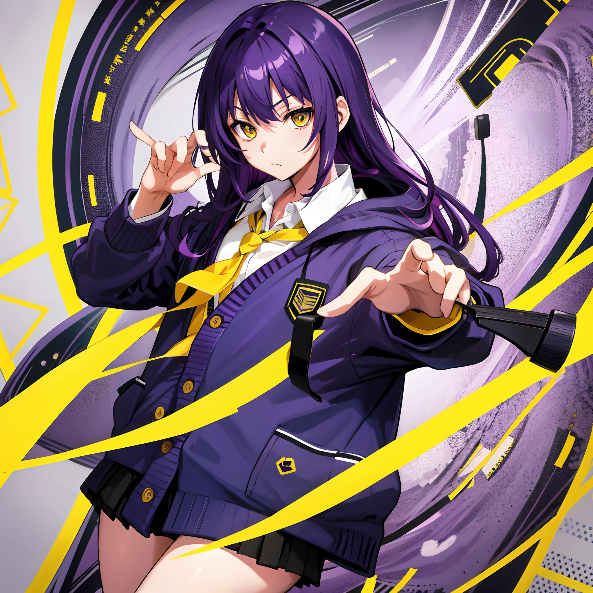 high school student,purple color hair,yellow eyes,Navy blue cardigan、No handle
