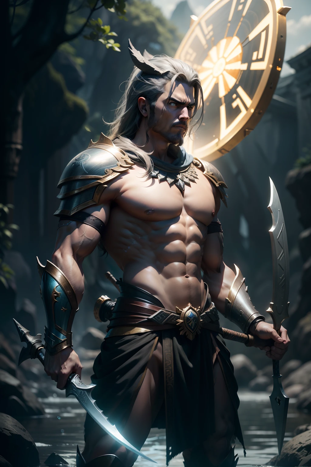 warrior with A bow made from a fishbone withA fish-shaped sword a fish-shaped shield looking angry mighty greek gods redo full concern, ultra-detailed skin, full-body muscular look, very high details, 8K, depth of field, behance photography, cinematic color grading, cinematic compositing, high contrast, 5D, pixar style, ultra sharp, global lights, retouch, 3D, --uplight --v 4