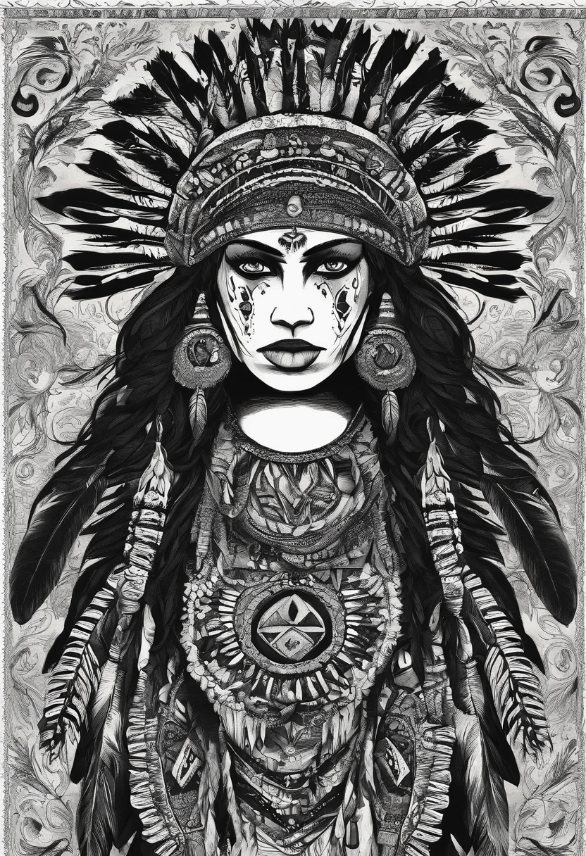 Graphic novel style illustration of upper body, native american woman, american indian, topless, (loincloth:1.2), nipples, small saggy breasts, straight black hair, dark skin, feather hair accessories, face paint, sharp, extreme detailed, HD, HDR, 4K, high quality, high resolution, 2D, masterpiece, epic, cinematic, digital artwork