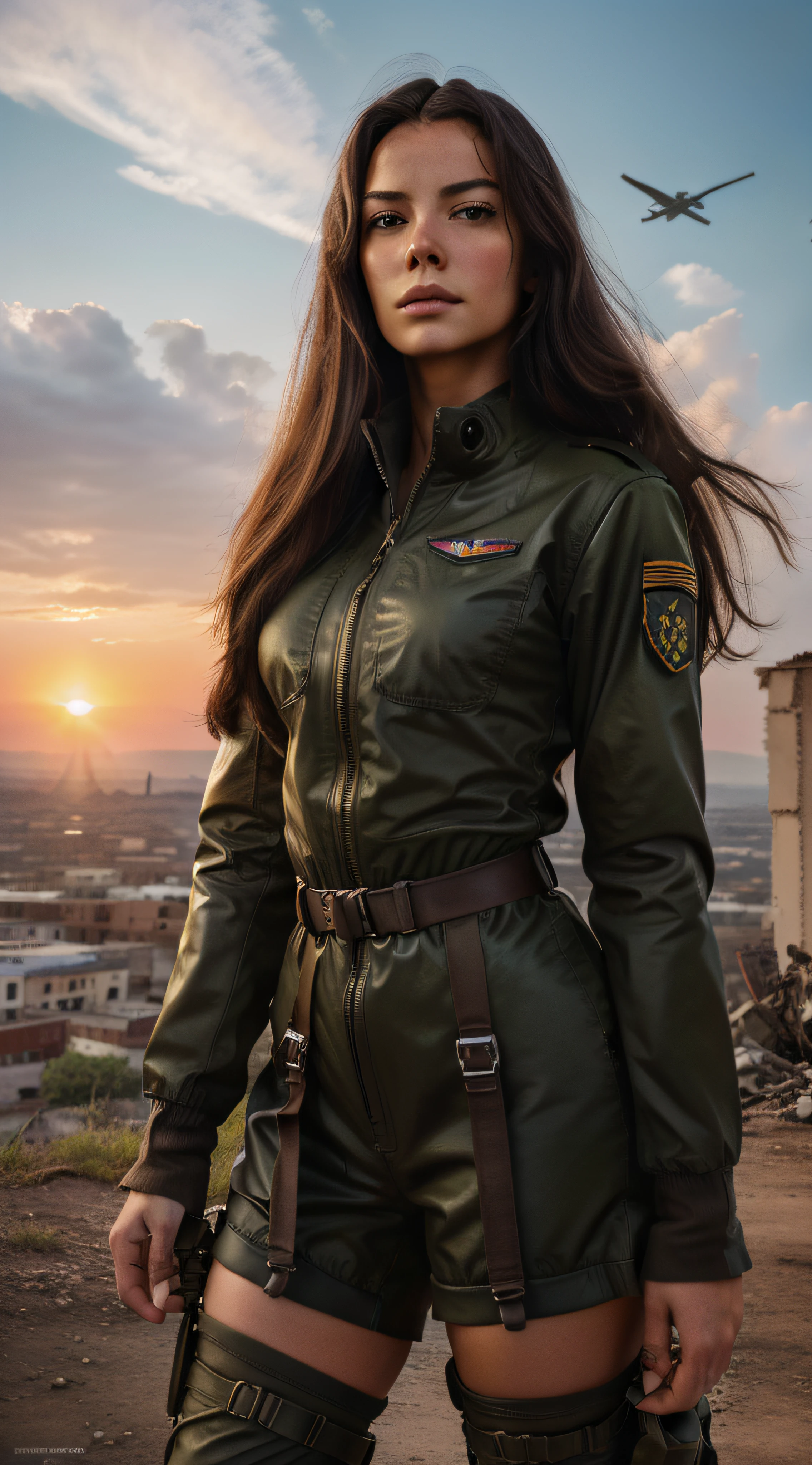 (best quality,4k,8k,highres,masterpiece:1.2),ultra-detailed,(realistic,photorealistic,photo-realistic:1.37),Elf girl in modern military uniform suit, military jacket, military pants, military boots, beautiful detailed eyes, beautiful detailed lips, extremely detailed eyes and face, long eyelashes, confident expression, military cap, standing in a war-torn city, destroyed buildings, rubble, smoke, flames, dramatic lighting, sunset colors, atmospheric perspective, gritty feel, concept artists.