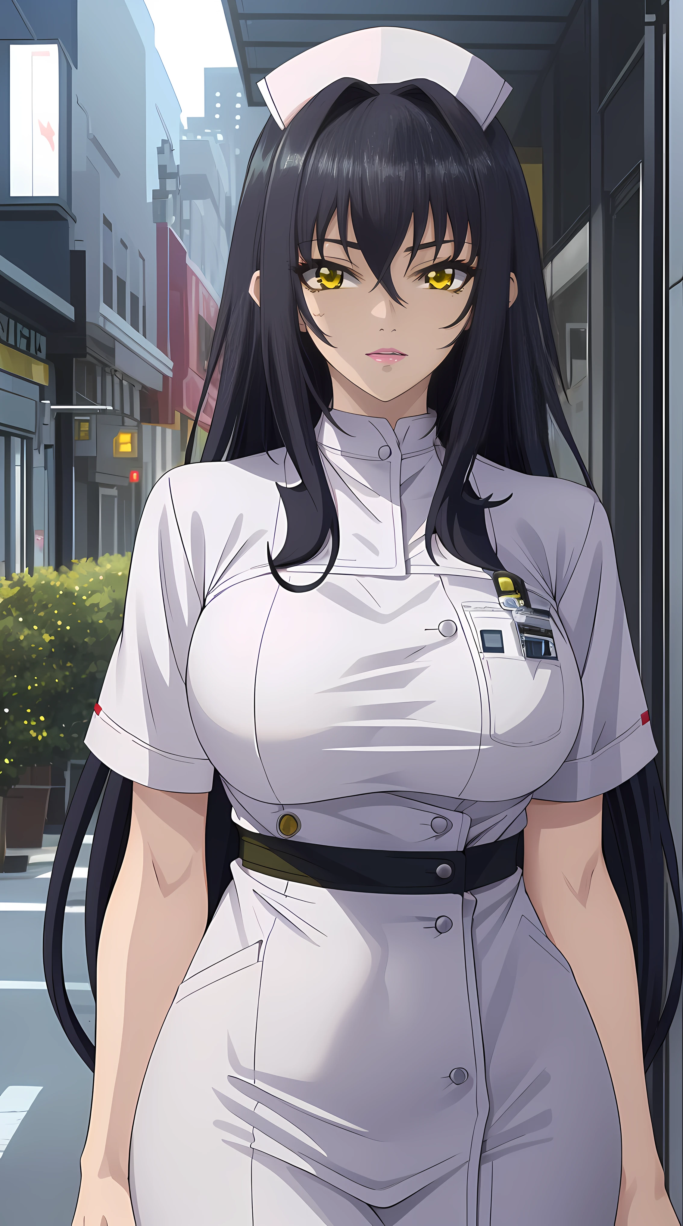 Annerose, 1girl, female mature, black hair, long hair, yellow eyes, large breasts, skin tight, hair intakes, (exquisite character details, beautiful lips, beautiful yellow eyes, beautiful face, beautiful and properly clothed), extremely detail unity 8k wallpaper, (solo:1.5), extremely detail downtown, in the middle of downtown, (nurse clothes, nurse, closed clothes),