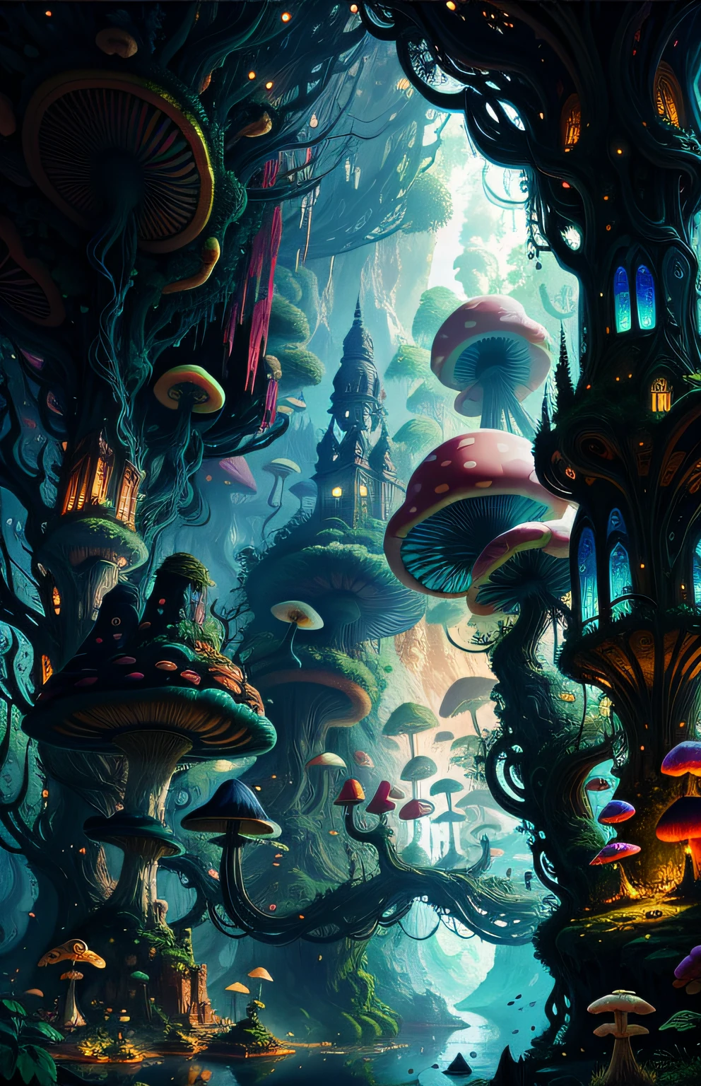 A surreal landscape with giant mushrooms and intricate architecture, bathed in a soft and ethereal light that highlights every intricate detail and adds a dreamlike quality to the scene, There is a cave in the midst of the giant vines that can be explored, with more vines to be discovered.