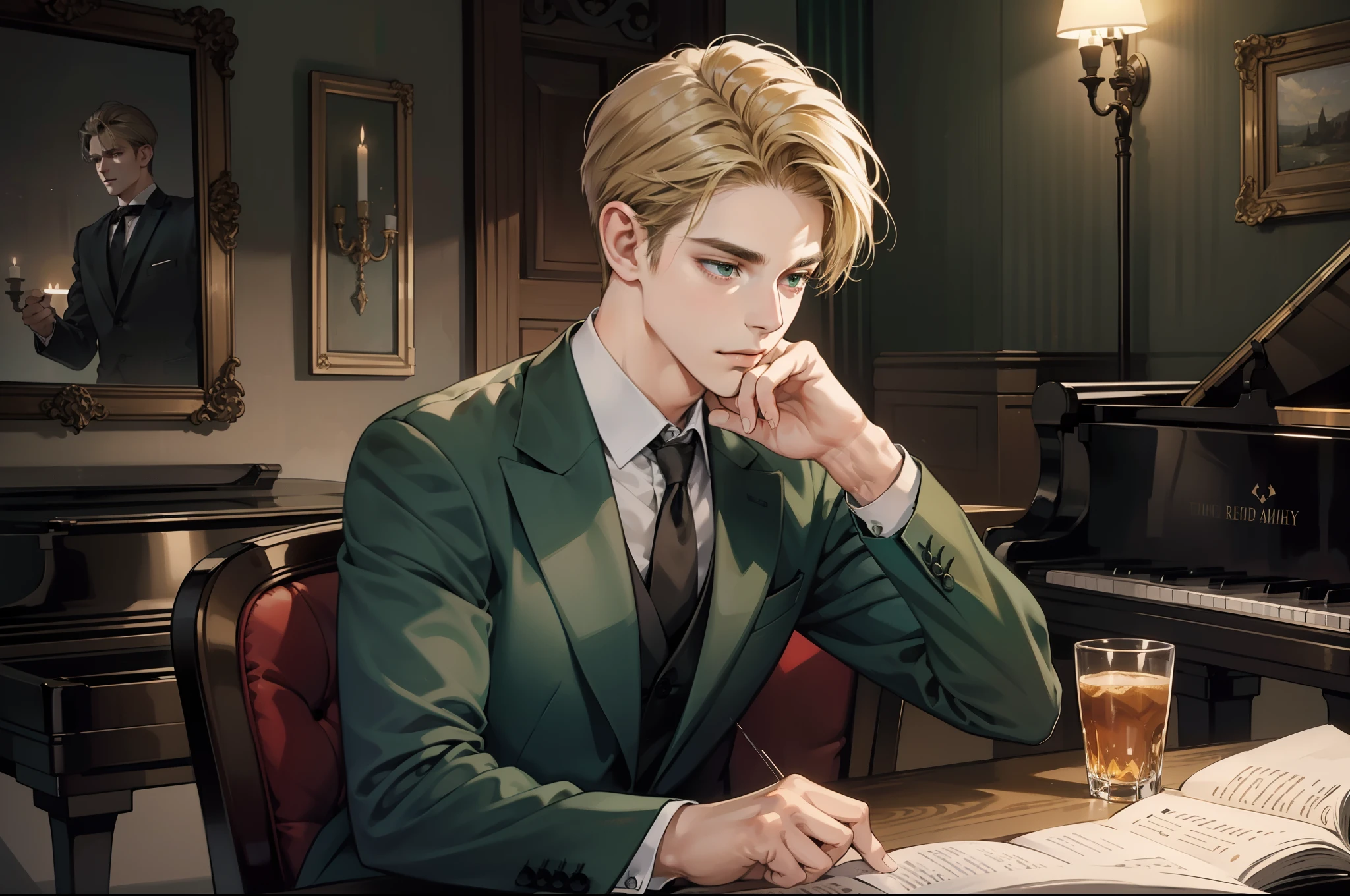 masterpiece, best quality, realistic, 1man, mature male, quiet and charming young man, 18 years old, close his eyes, smirk, closed mouth, extremely detailed face, a little distant, ((dark green eyes)), ((short-side-swept sandy blonde hair)), [thick eyebrows], playing piano, 4K, cool light setting, (in the night), (suit), I person