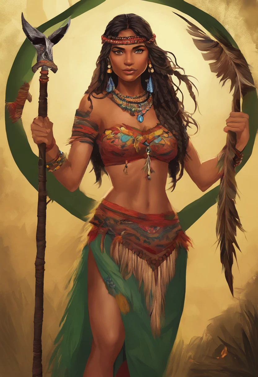 (mitologia brasileira), (master part), (professional oil painting) (best quality), (8K resolution), (ung Brazilian indigenous), ((pele morena)), (cabelo longo preto), ((traditional indigenous clothing)),((adorno de penas e plumagem)), ((Roupas de folha, peles de animais)), ((pintura vermelha na cara, de Uurucu)), ((bare feet)), (Acceptance art), medium breast covered by plumage, (Cabelos Longos), (cabelos pretos), (semblante raivoso), (corpo definido), ((with indigenous weapon)), (arco e flecha), ((luar da noite)), (Pose de batalha)), Fundo: floresta amazonica,((utra detalhado)), ((cinematiclight)), ((professional camera)), (O 400mm).