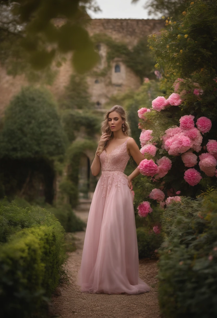 imagem realista de castelo rosa com jardim com flores rosas e arvores com folhas rosa nas laterais.