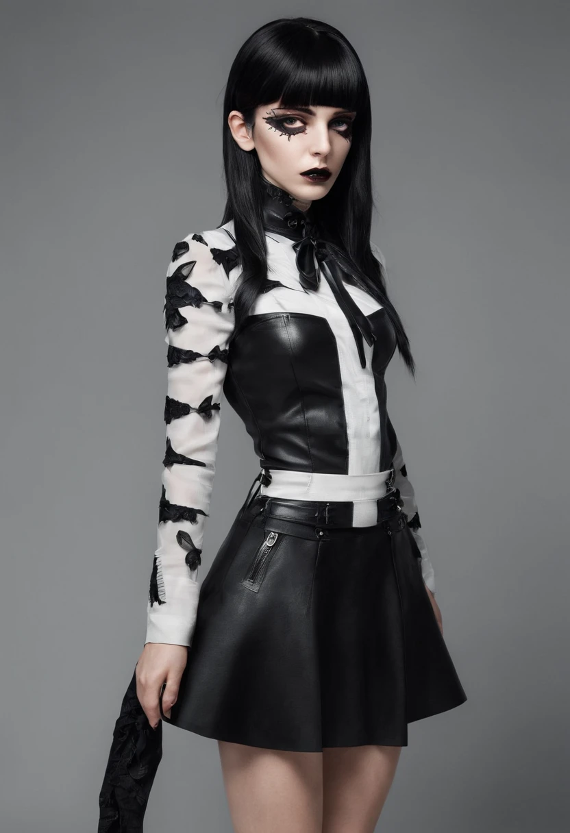 garota com roupas cybersigilism gotica, com (arame farpado pelo corpo) cabelo preto com pontas branca