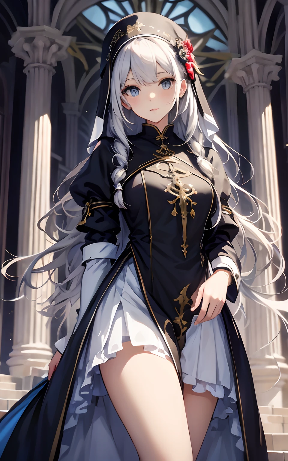best qualtiy,tmasterpiece,Ultimate Resolution,downy,highly colorful,Colorful,saintess,silver-white long hair,Curly,a matural female,Crop topping,nun dress and cheongsam,Metamorphosis is exposed,cathedral,sanctuary,Normal posture