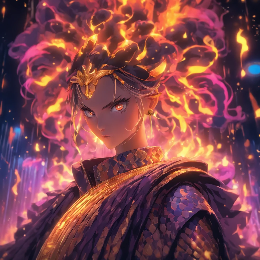 32K(tmasterpiece,k hd,hyper HD,32K)short detailed hair,Gold jewelry area in the back room,Flame Girl ,The whole body is surrounded by flames,Yao Lang protector ,Hyakki Night Line,ghost(realisticlying:1.4),Python pattern robe, Reddish purple tiara,The background is pure,Hold your head high,Be proud,The nostrils look at people, A high resolution, the detail, RAW photogr, Sharp Re, Nikon D850 Film Stock Photo by Jefferies Lee 4 Kodak Portra 400 Camera F1.6 shots, Rich colors, ultra-realistic vivid textures, Dramatic lighting, Unreal Engine Art Station Trend, cinestir 800,Hold your head high,Be proud,