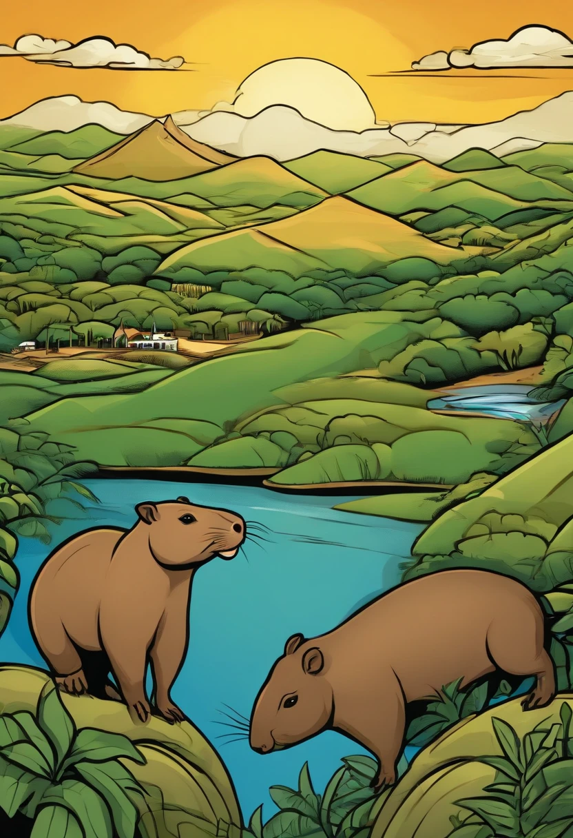 A cartoon-style drawing that represents the Brazilian homeland. Utilizando elementos como o formato/Outline of the country (Brasil), The capybara animal and the saci should also be in this same image, in addition to other Brazilian elements and colors also that demonstrate Brazil