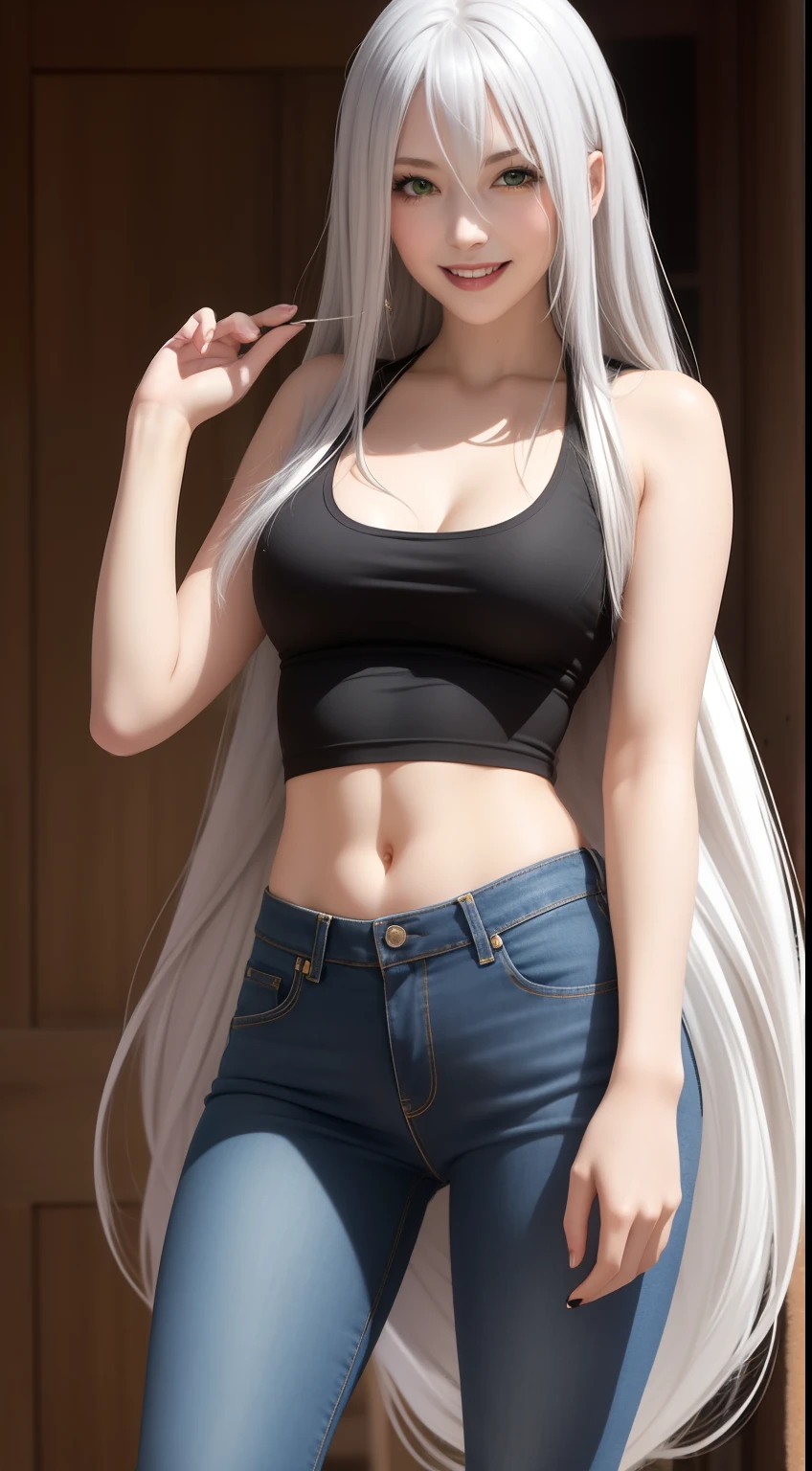 1girl, silver hair, antenna hair, long hair, green eyes, adult woman,black tanktop, jeans, cream blazer, smile, ross,