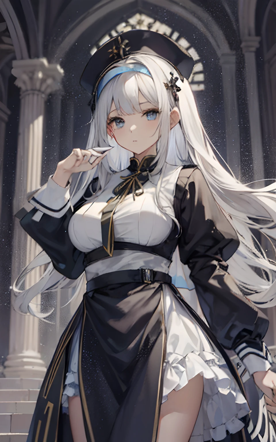 best qualtiy，tmasterpiece，Ultimate Resolution，downy，highly colorful，Colorful，saintess，silver-white long hair，Curly，a matural female，Crop topping，nun dress and cheongsam, half-sleeves，Metamorphosis is exposed，cathedral，sanctuary，Normal posture