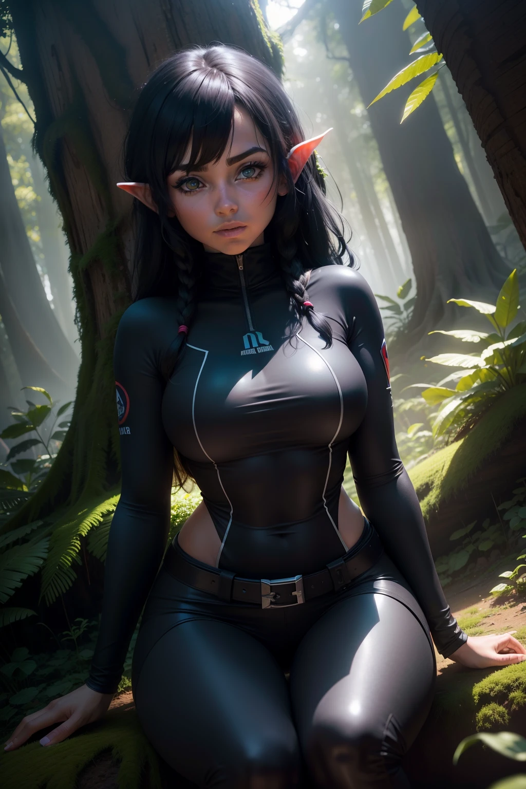 Female. Sexy. Dark eggplant purple hair. Green eyes. Fierce.  Dark green clothes. Wearing a hood. Cute. Smart. In a forest. Archer.