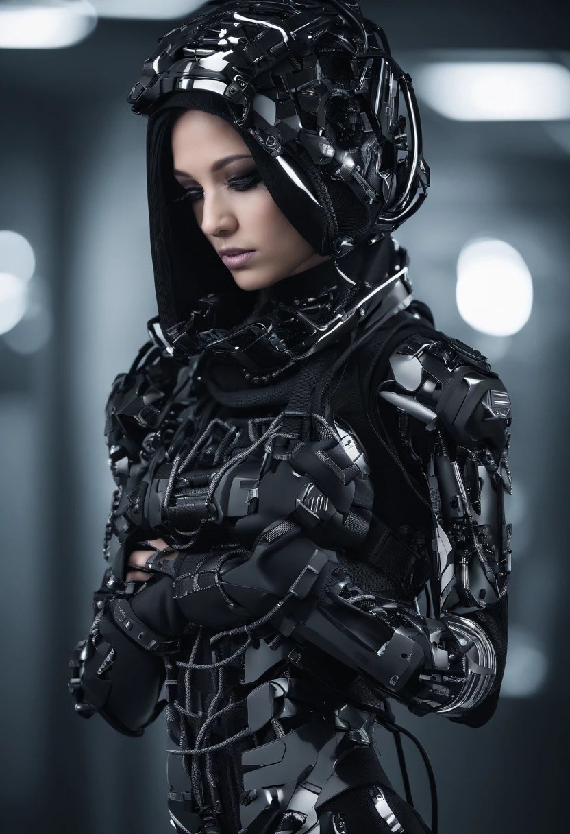 garota com roupas preta com arame farpado pelo corpo, cyber gotica, cabelo curto com franja curta reta, chains through the body and tattos on the neck