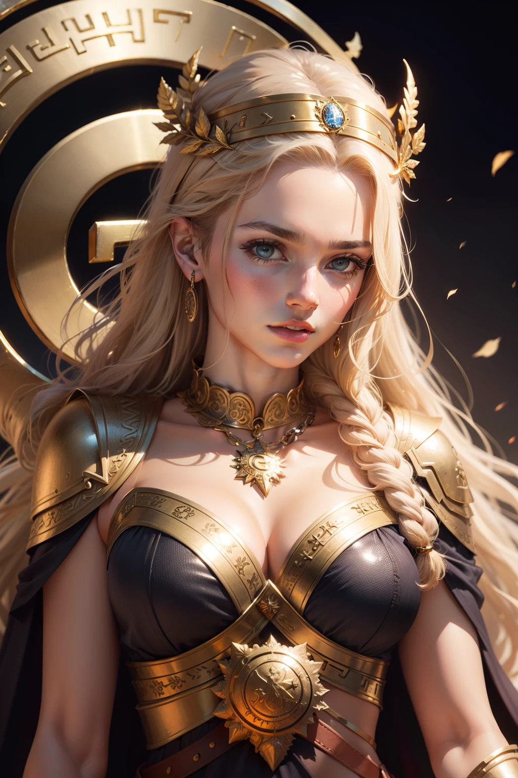 A badge made of metal with letter "G", realistic,gold,greek mythology goddesses on a dark background