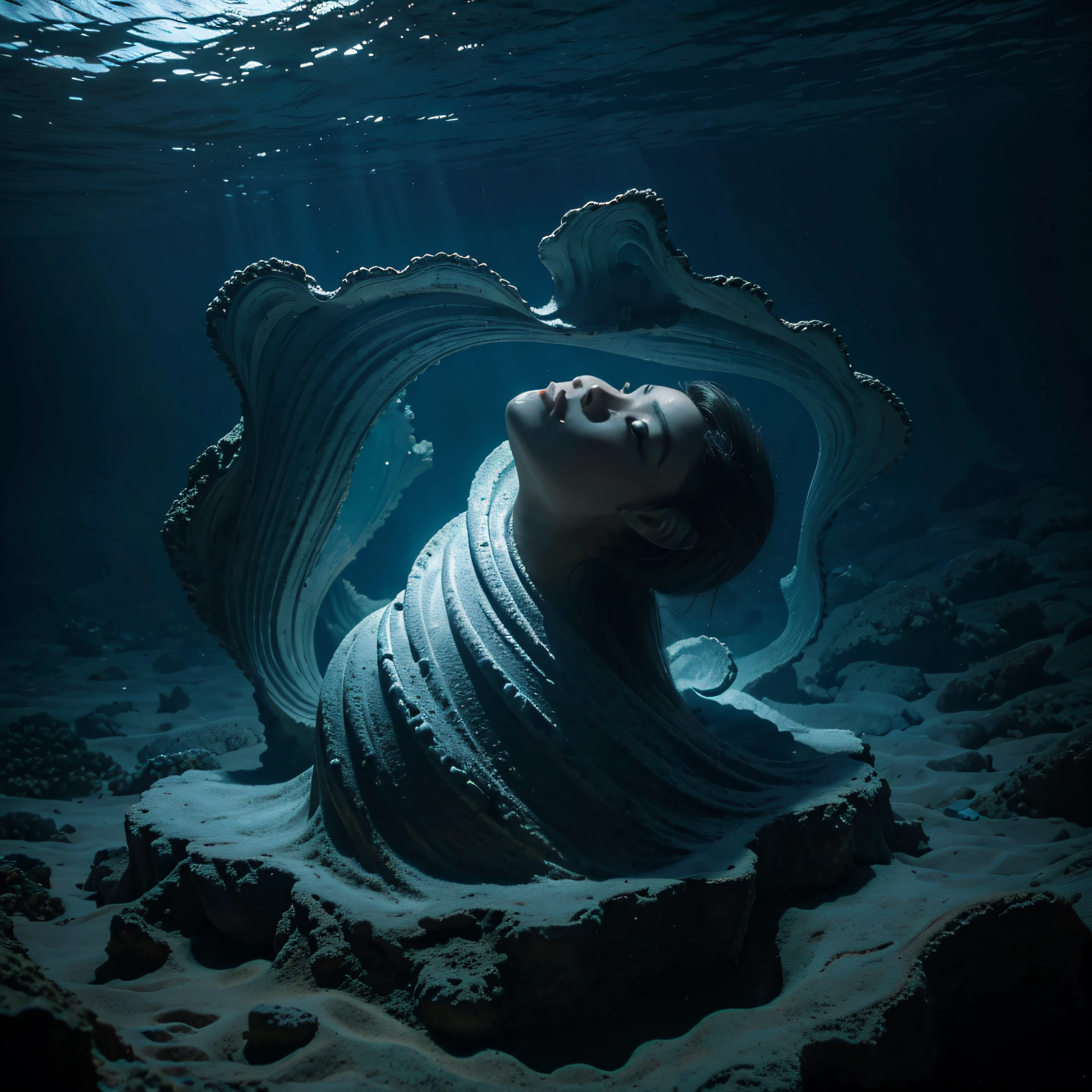 (extremadamente detallado, obra maestra, La mejor calidad, Under the Ocean), Estilo oscuro, volumetric illumination. textura de babosa, piel de caracol. manchas de tinta. Rococo composition.