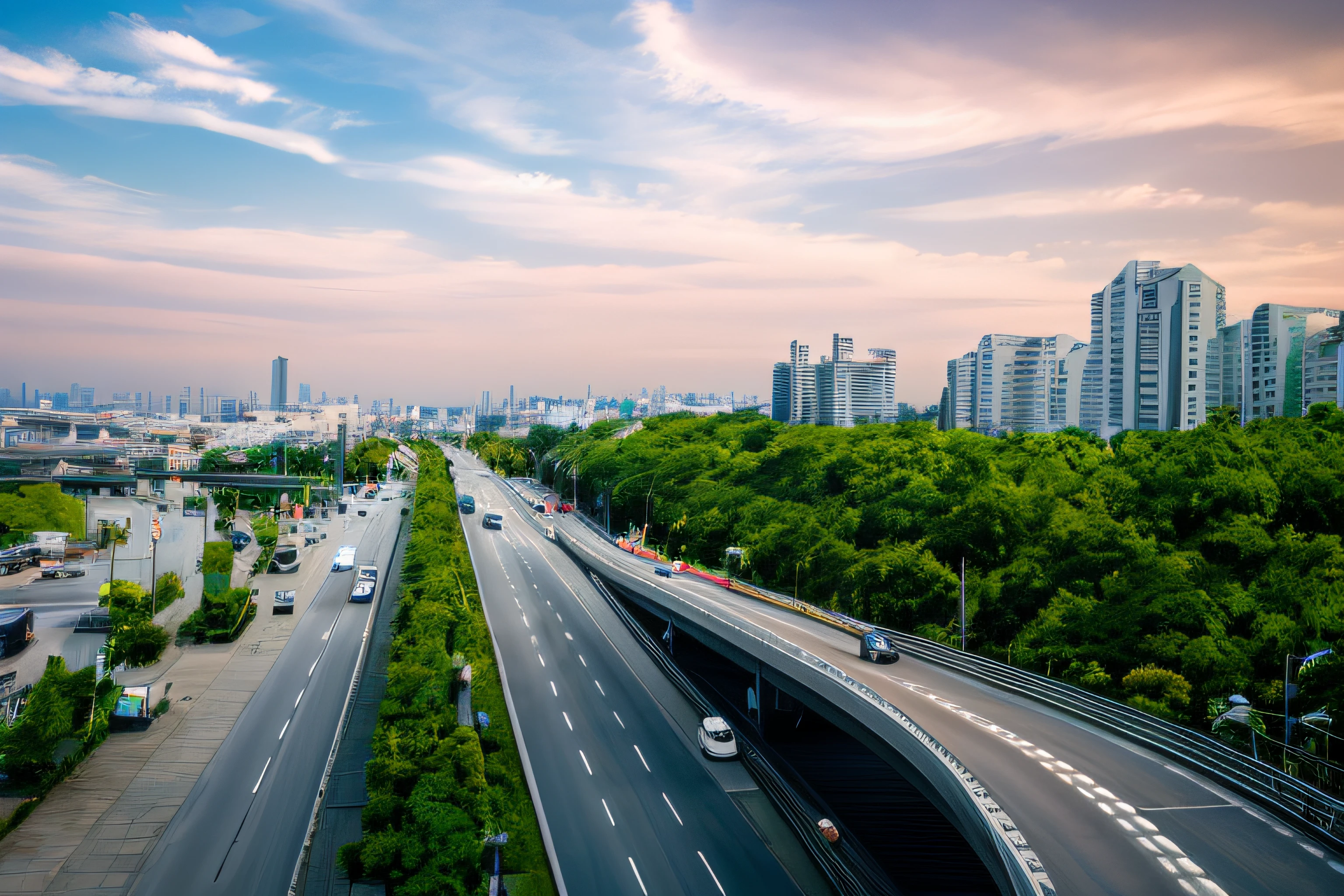 There is a bridge and a highway with several cars, the city is full of green plants, photograph of the city street, Residential area, super wide, japanese city, detailed scenery —width 672, wide long shot, wide long view, toyko, beautiful high resolution, kanagawa prefecture, tokyo futuristic and clean, Tokyo city in the background