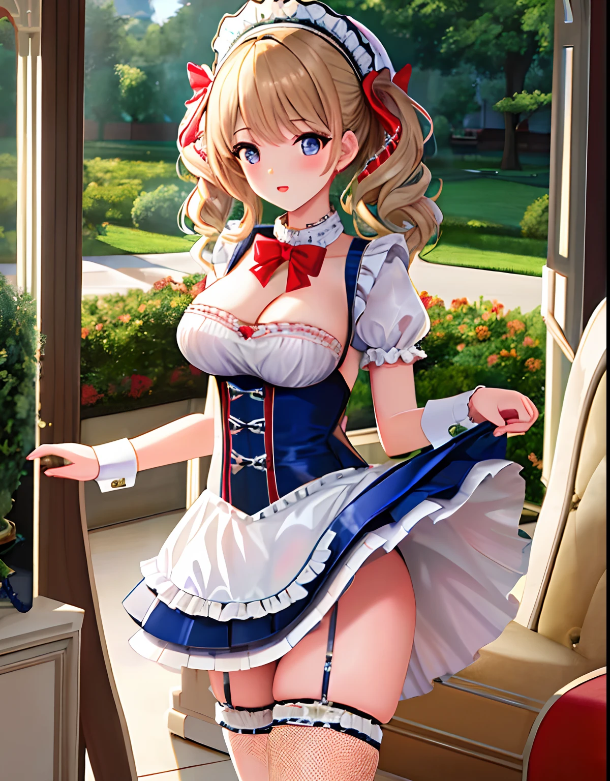 Masterpiece, high quality, 4K, beautiful design, shiny, from the front, award winning photo, extremely detailed, amazing, fine detail, absurdres,
soubrette, a woman posing for a picture , wearing a soubrette outfit, frills, fishnets, ribbons, open top, no skirt