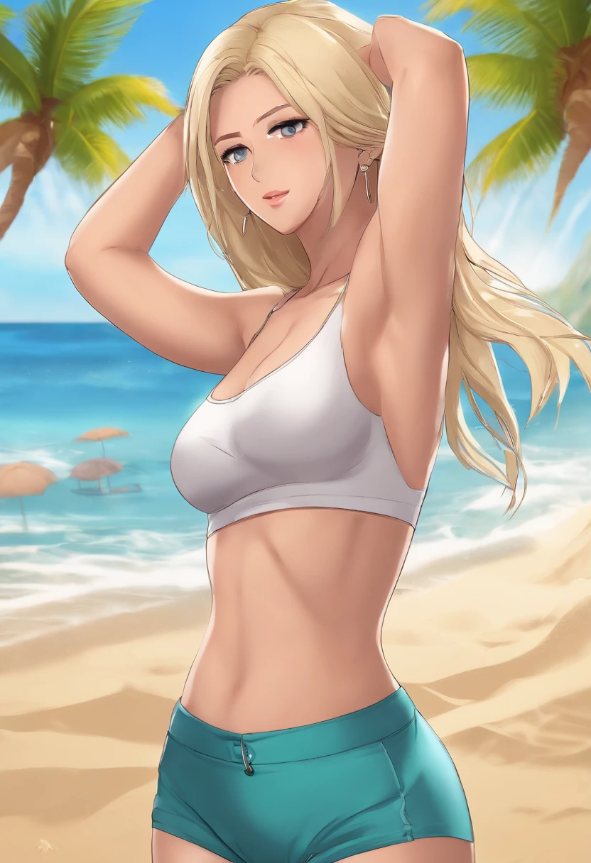 1girl, mature face, 20y.o, Tsunade, Big breasts, arms up (left), teasing armpits with two fingers, busty , abs, slim waist, Topless, hot pants, at the beach, UHD, 4K,