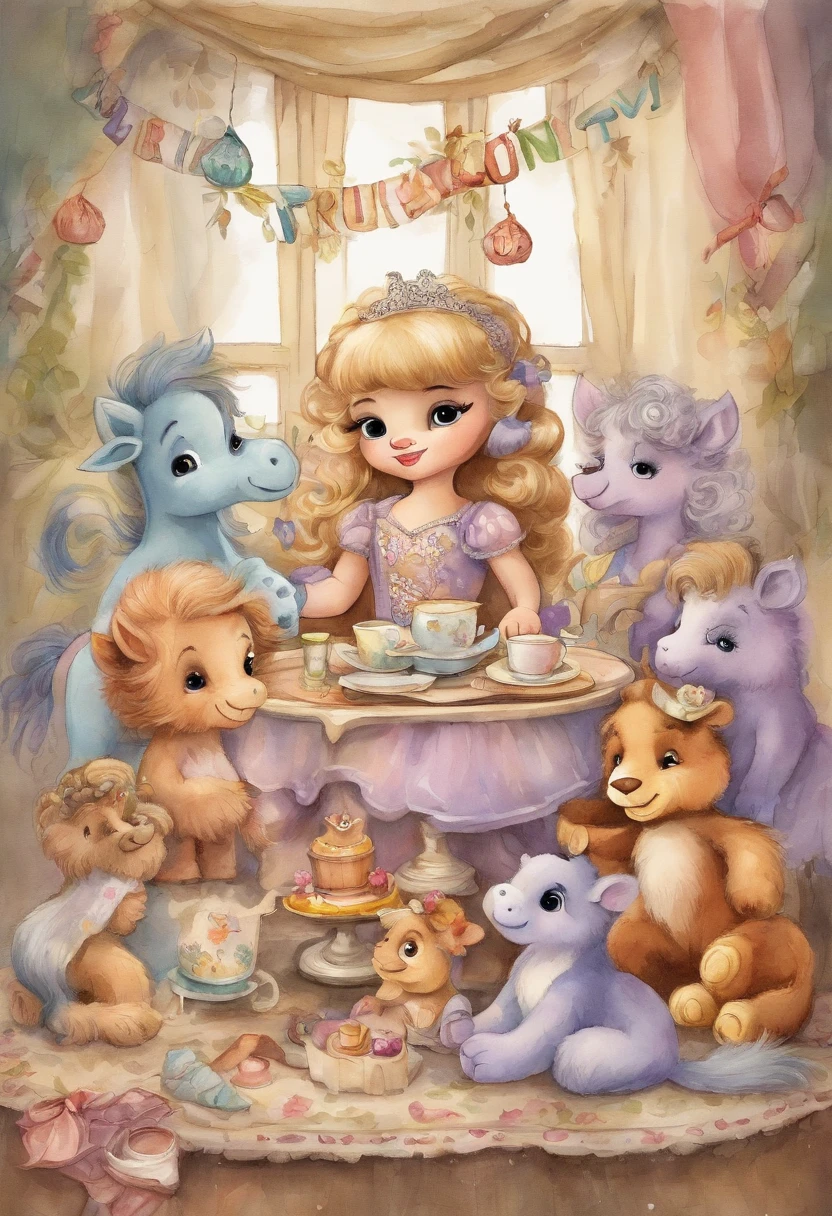 my little pony style, watercolor, cartoon Cute and flufy for 2 years ,cute black ddler, black skin tone, curly hair, dressed as a princess playing a tea party with adorable stuffed animals, sharp focus, teddy bear, stuffed unicorn, stuffed tiger, (surrounded by lots of stuffed dolls)old girl. --ar 16:9 --s 750 --v 5.2