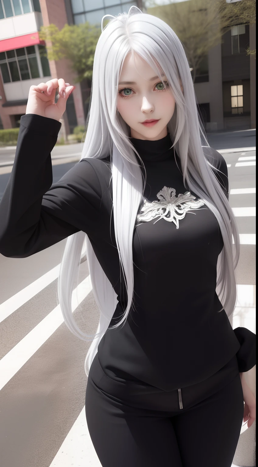 1girl, silver hair, antenna hair, long hair, green eyes, adult woman, casual clothing, smile, ross,(((picture perfect))), (absurdres), 1girl, solo, rossweisse, suit, looking at viewer, parted lips