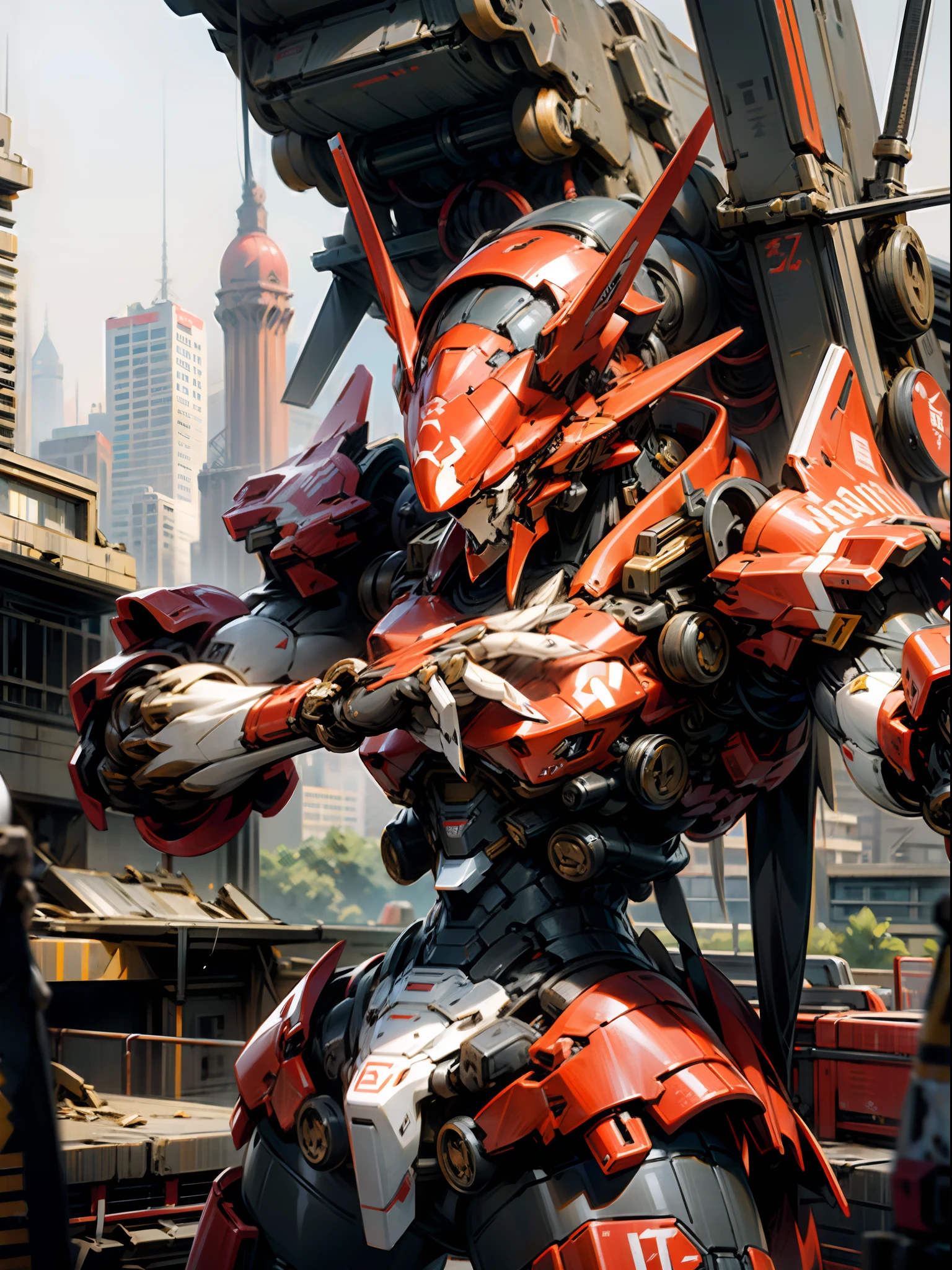 Red and black mechs, mecha musk, mecha armor, Fighting, Up to detail, war, Destroyed city, Ultra Detail, vibrant detail, absurderes, Best Quality, accurate hands, Fine hands, human shape,
