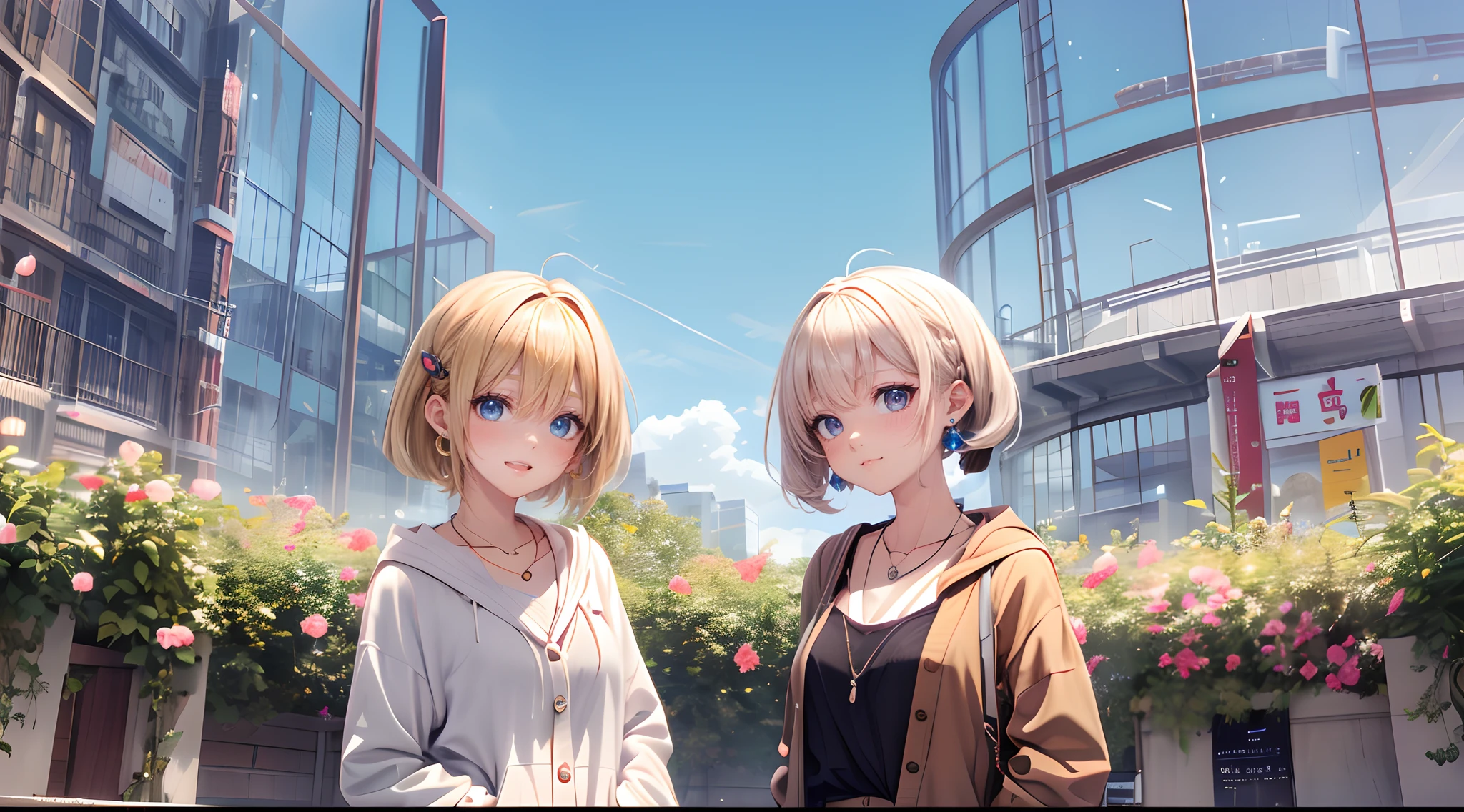 absurderes, ultra-detailliert,bright colour, extremely beautiful detailed anime face and eyes, view straight on, ;D, shiny_skin,25 years old, Short hair, , asymmetrical bangs, Blonde hair with short twin tails, Shiny hair, Delicate beautiful face, red blush、Blue eyes, White skin, hair clips, earrings, a necklace, Cardigan, Clothes, Brown clothes,