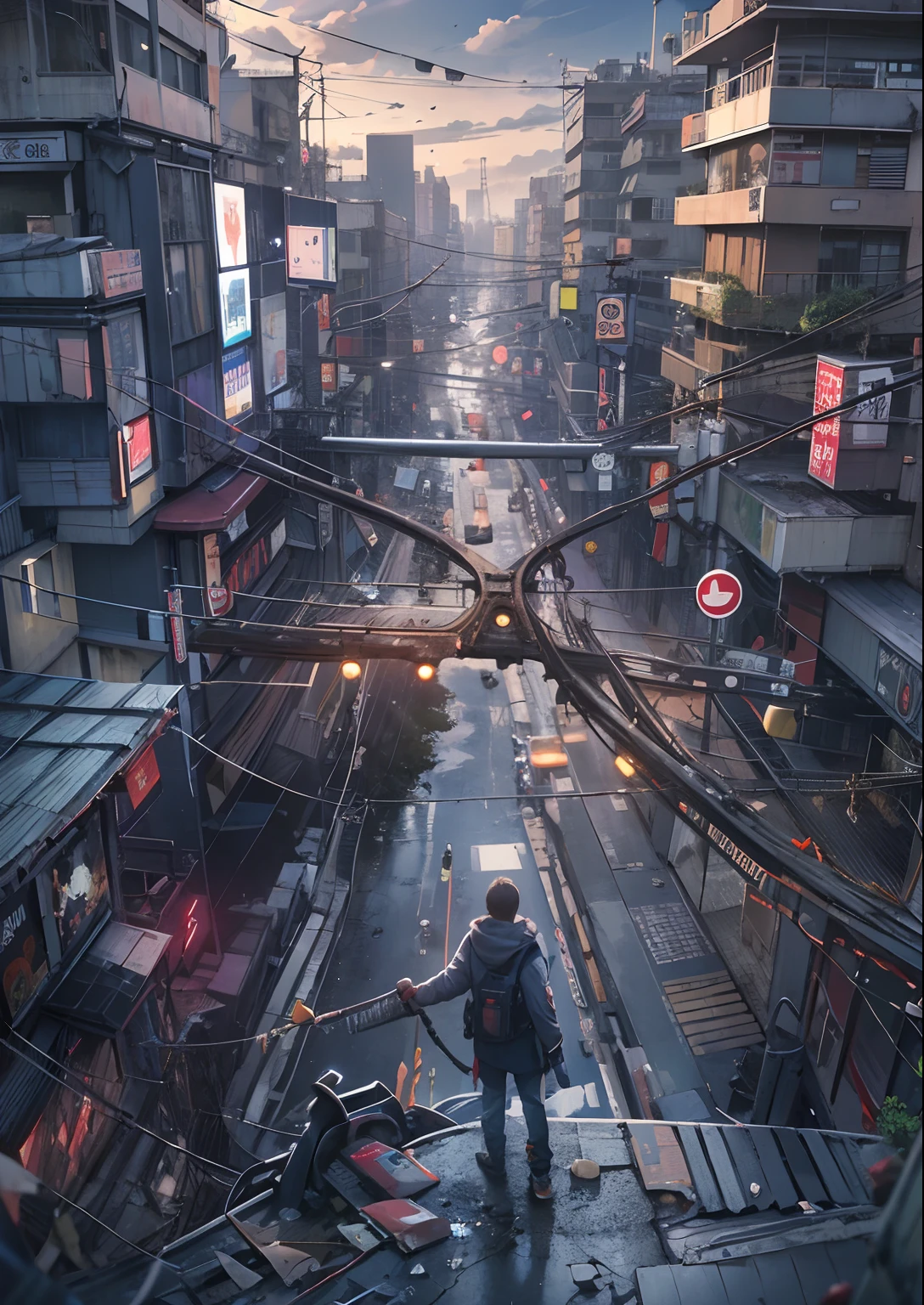 1boy,12 only、Cyberpunk Boy、katanas,machine gun、silber hair、poneyTail、Whole body bloody、Overhead view of the composition、The beginning of the adventure、Into the cloud、Chaotic city of the future、ruined and devastated city、Tokyo Tower、Very complex Japan buildings、railroad crossing、Warm lighting、puddles、Chaotic landscape、Beautiful and fantastic scenery、Cinematic scenery、hightquality、masutepiece,8K、hight resolution、ultra-detailliert,