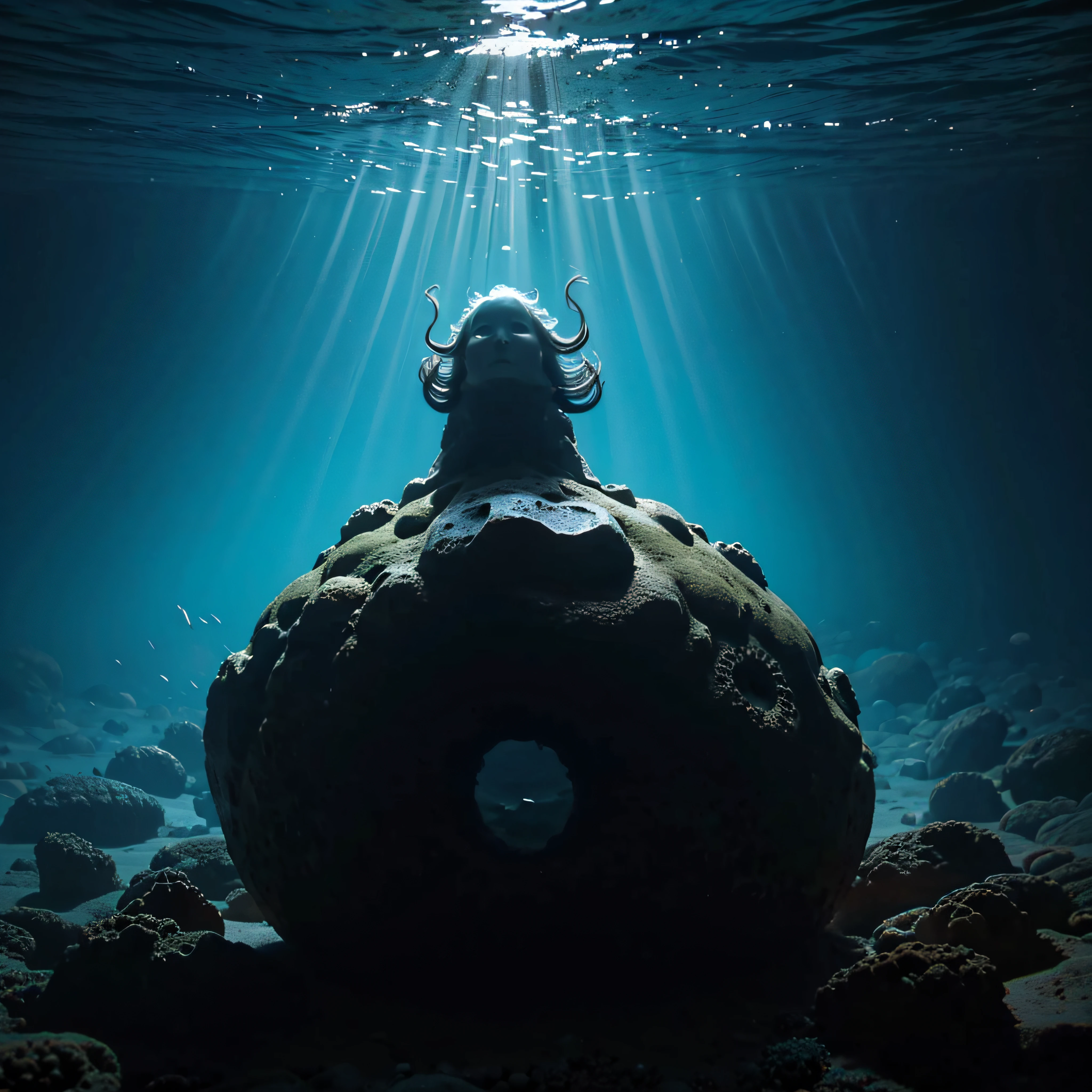 (extremadamente detallado, obra maestra, La mejor calidad, Under the Ocean), Estilo oscuro, volumetric illumination. textura de babosa, piel de caracol. manchas de tinta. Rococo composition.